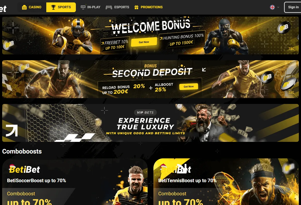 Betibet Casino desktop promotions area with welcome and cashback offers