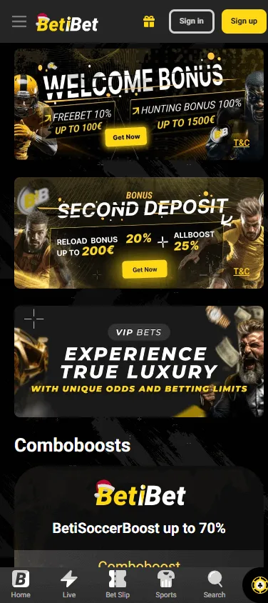 Betibet Casino mobile browser promotions area with casino offers
