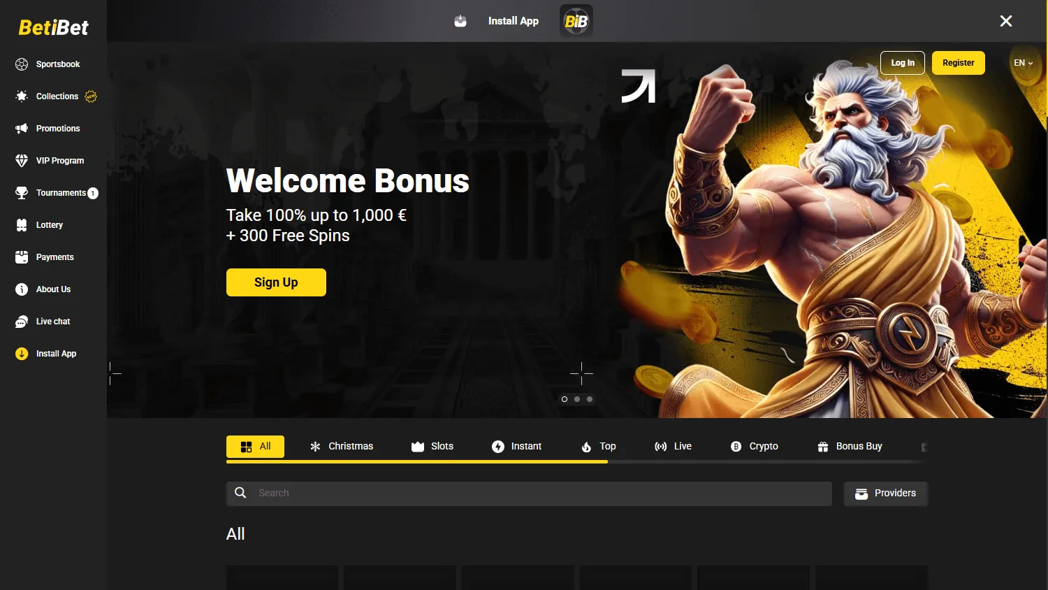 Betibet Casino desktop game area with pokies and casino categories