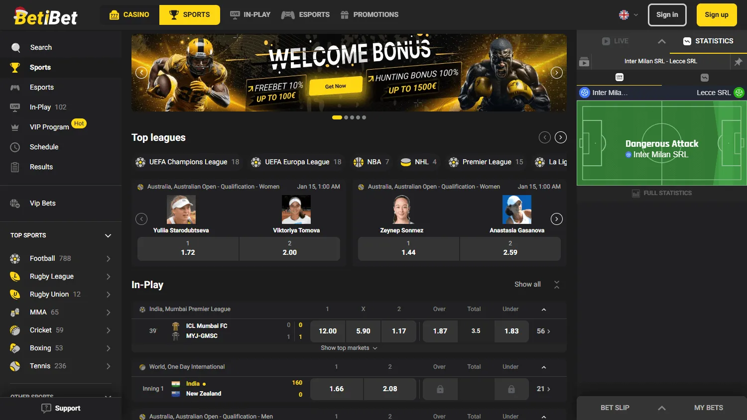 Betibet Casino desktop home view with the casino offer and account options