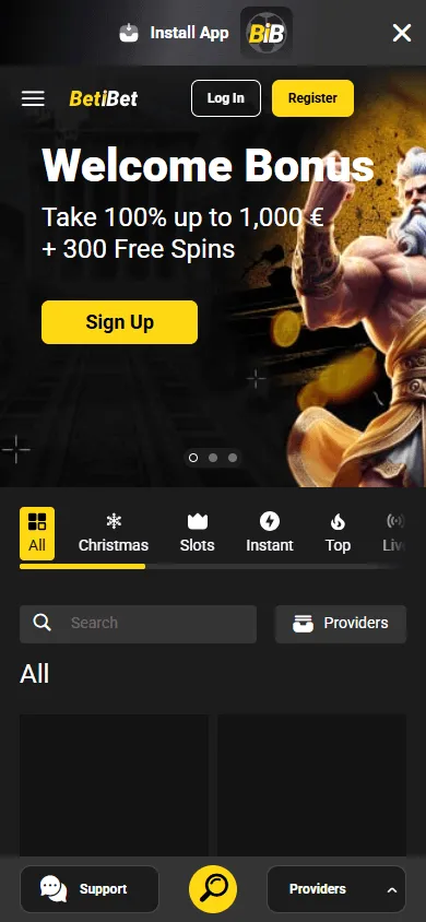 Betibet Casino mobile browser game area with casino categories